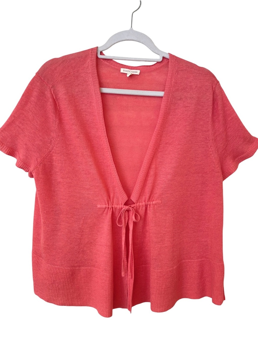 Eileen Fisher 100% Linen Cardigan XL Coral Short Sleeve Tie Front Casual Relaxed